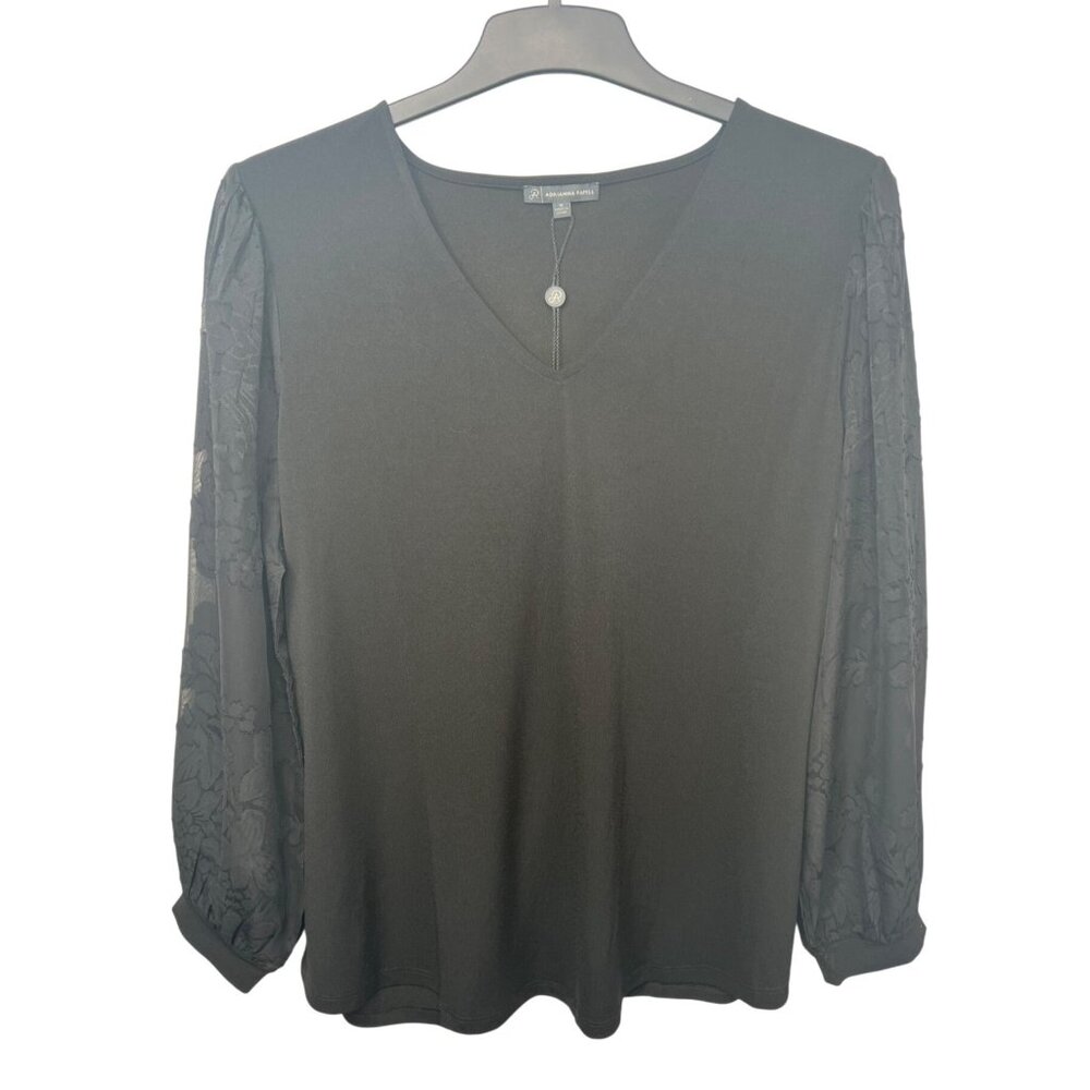 Adrianna Papell Black V-Neck Knit Top 3/4 Floral Sleeves Size 1X